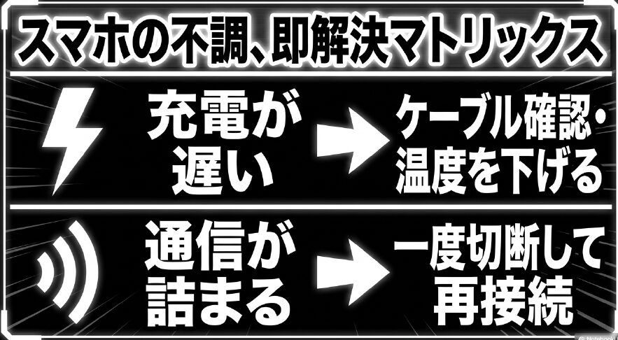 充電の遅さや通信の詰まりなど、スマホの不調を即座に解決するためのチェックリストスライド