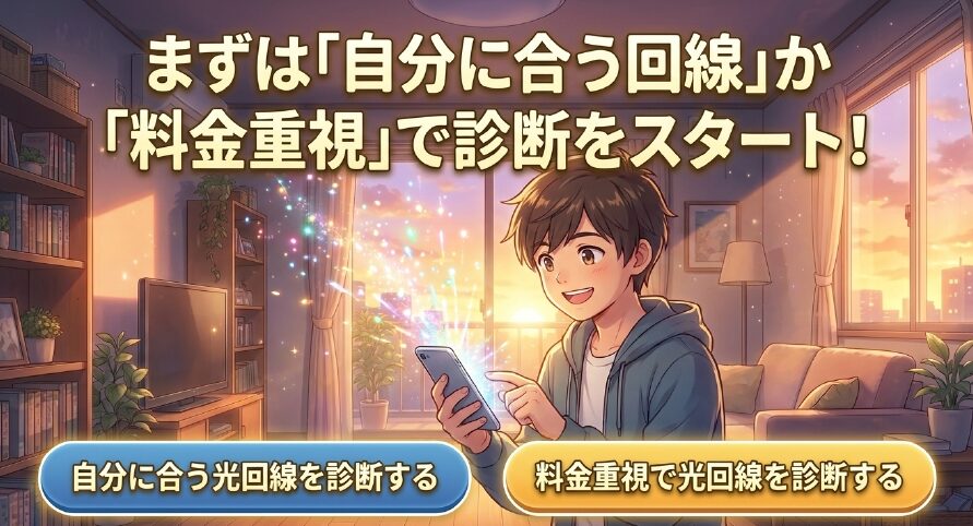 自分に合う光回線か料金重視かで診断をスタートさせる案内スライド