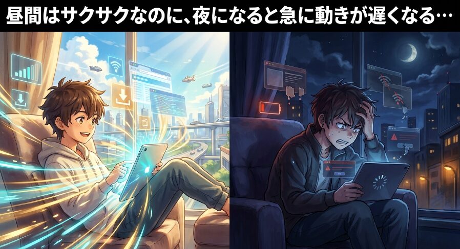 昼間に明るい部屋で快適にタブレットを使う男性と、夜に読み込みエラーで困る男性を左右で対比したイラスト