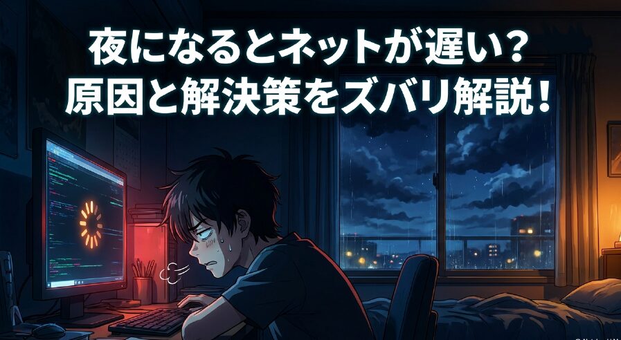 雨の夜、暗い部屋でローディング画面を見つめながらマンションでネットの遅さに困っている男性のイラスト