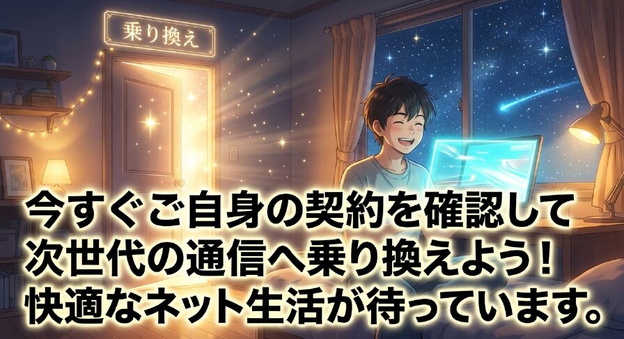 「乗り換え」と書かれたドアから光が差し込み、PCの前で笑顔を浮かべる男性が満足げにネットを楽しんでいるイラスト