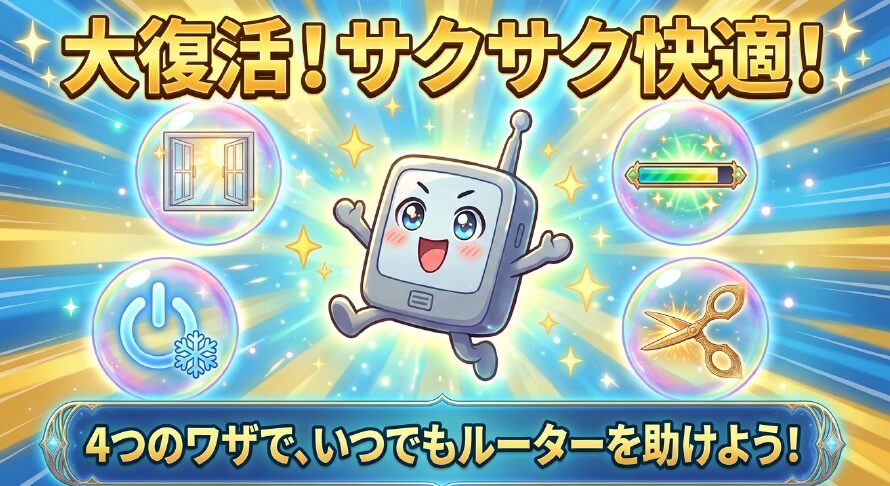 「大復活!サクサク快適!4つのワザで、いつでもルーターを助けよう!」と書かれたまとめスライド