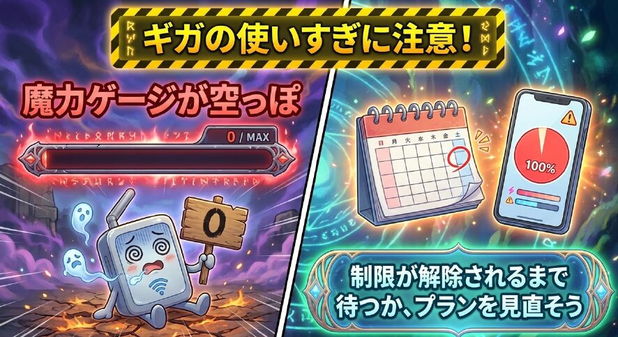 魔力ゲージが0になりギガを使いすぎているイラストと、「制限が解除されるまで待つか、プランを見直そう」という解決策