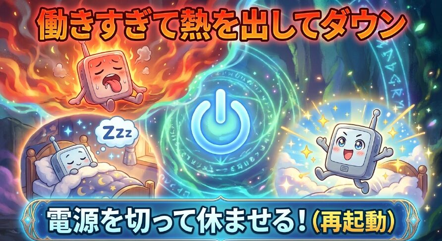 ルーターが働きすぎて熱を出してダウンしているイラストと、「電源を切って休ませる!(再起動)」という解決策