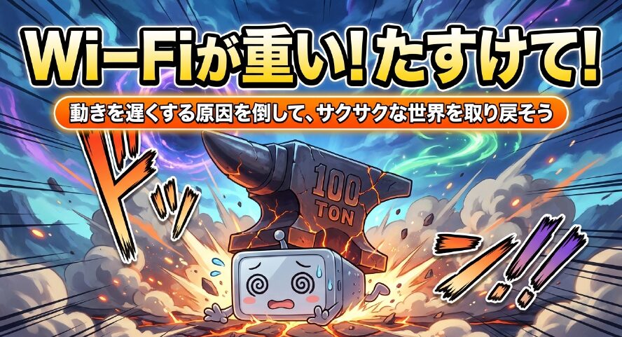 「Wi-Fiが重い!たすけて!動きを遅くする原因を倒して、サクサクな世界を取り戻そう」と書かれたタイトルスライド