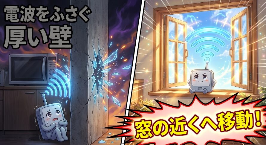 ルーターが電波をふさぐ厚い壁に囲まれているイラストと、「窓の近くへ移動!」という解決策