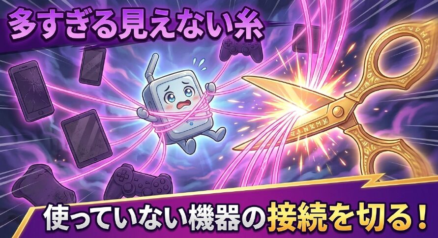 ルーターが多すぎる見えない糸に絡まっているイラストと、「使っていない機器の接続を切る!」という解決策