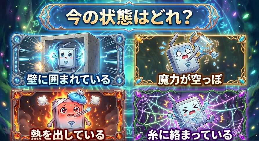 壁に囲まれている、魔力ゲージが空っぽ、熱を出している、糸に絡まっているという4つのトラブル状況を示すスライド