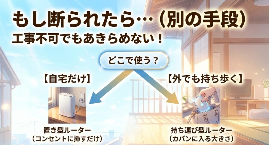 もし工事を断られた場合の別の手段。コンセントに挿すだけの置き型ルーターや、持ち運び型ルーターを検討しましょう。