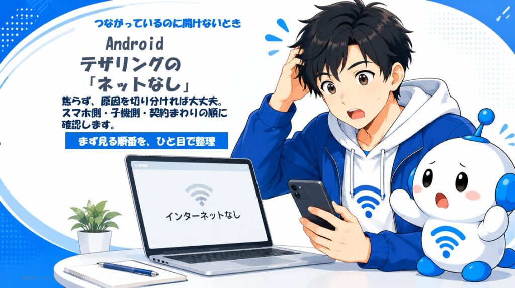 アンドロイドテザリングの「ネットなし」トラブルを解決するための確認手順を示したアイキャッチ画像