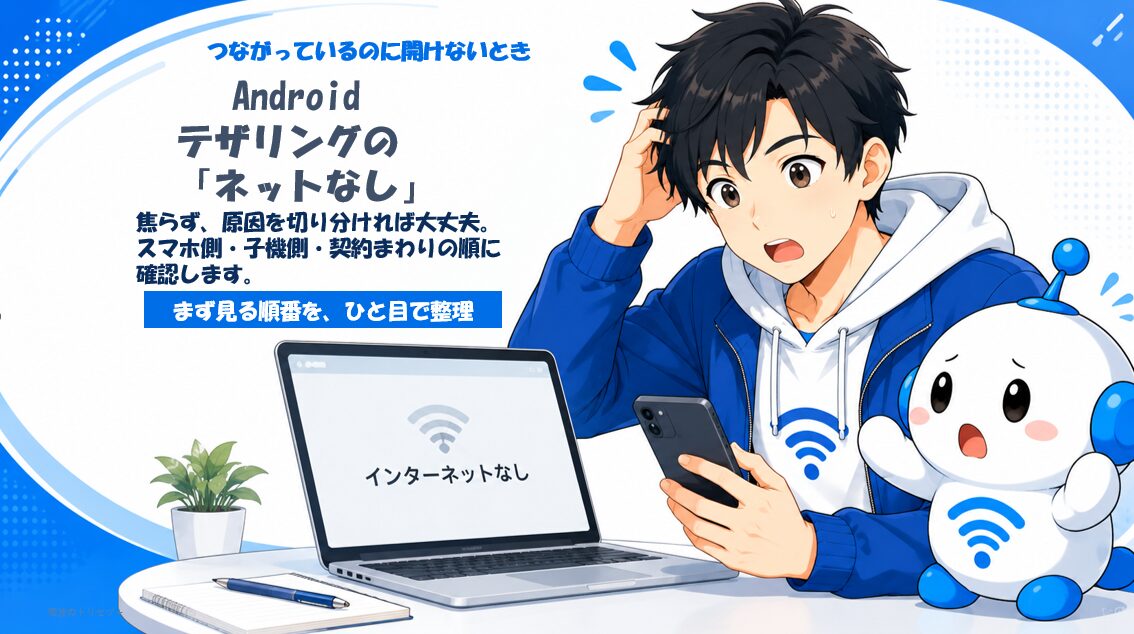 アンドロイドテザリングの「ネットなし」トラブルを解決するための確認手順を示したアイキャッチ画像