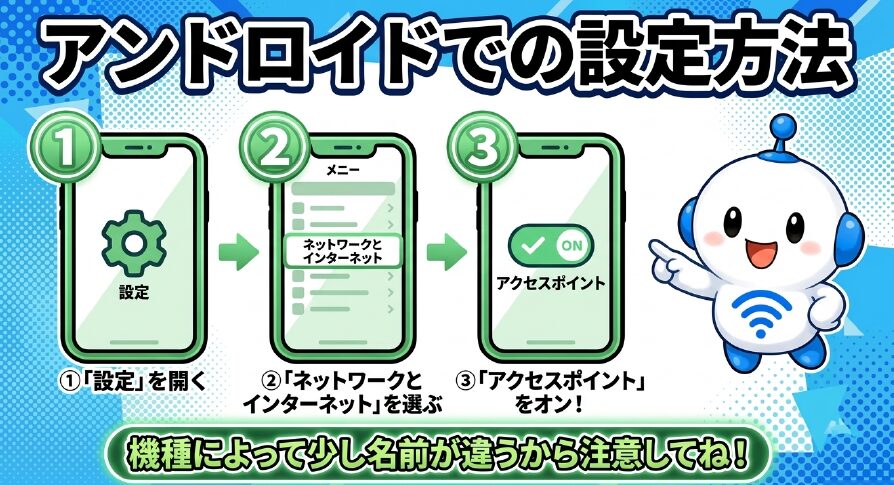 Androidで「設定」から「ネットワークとインターネット」を選び「アクセスポイント」をオンにする手順