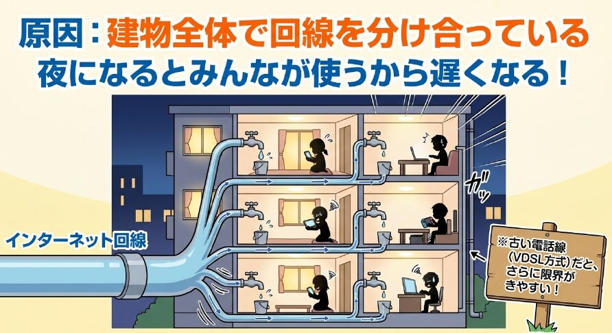 アパートやマンションでインターネット回線を建物全体で分け合っているイメージ図