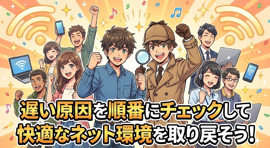 遅い原因を順番にチェックして快適なインターネット環境を取り戻そうというメッセージ