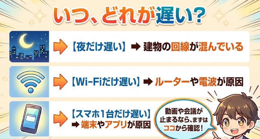 インターネットがいつ、どの端末で遅いのかを確認するチェックリスト