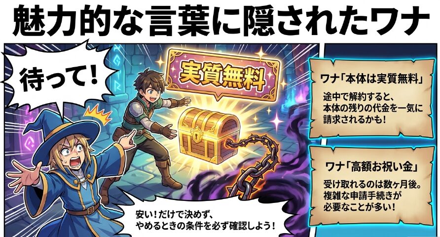 端末実質無料や高額お祝い金など、魅力的な言葉に隠された罠に注意