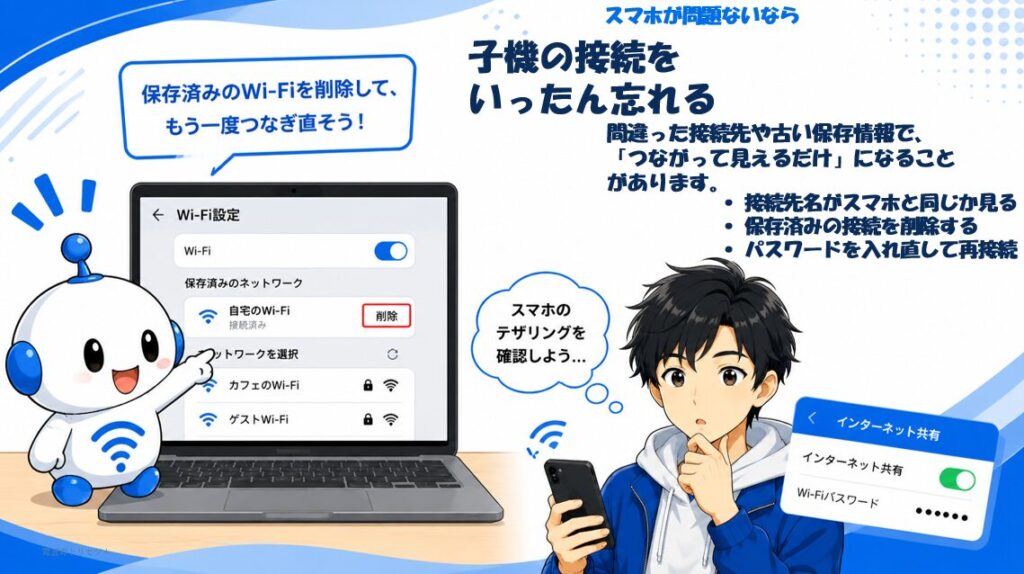 子機側の保存済みWi-Fi設定を一度削除して再接続する方法