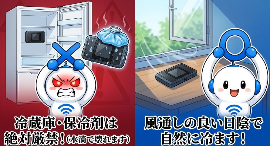 冷蔵庫や保冷剤での冷却は水滴で壊れるため絶対厳禁。風通しの良い日陰で自然に冷ます