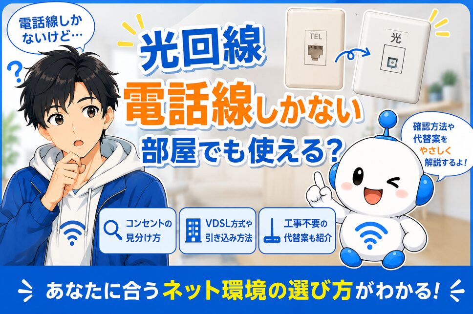 光回線は電話線しかない部屋でも使えるのかを、yuuとでんぱるが電話用ジャックと光コンセントを見比べながら解説しているアイキャッチ画像