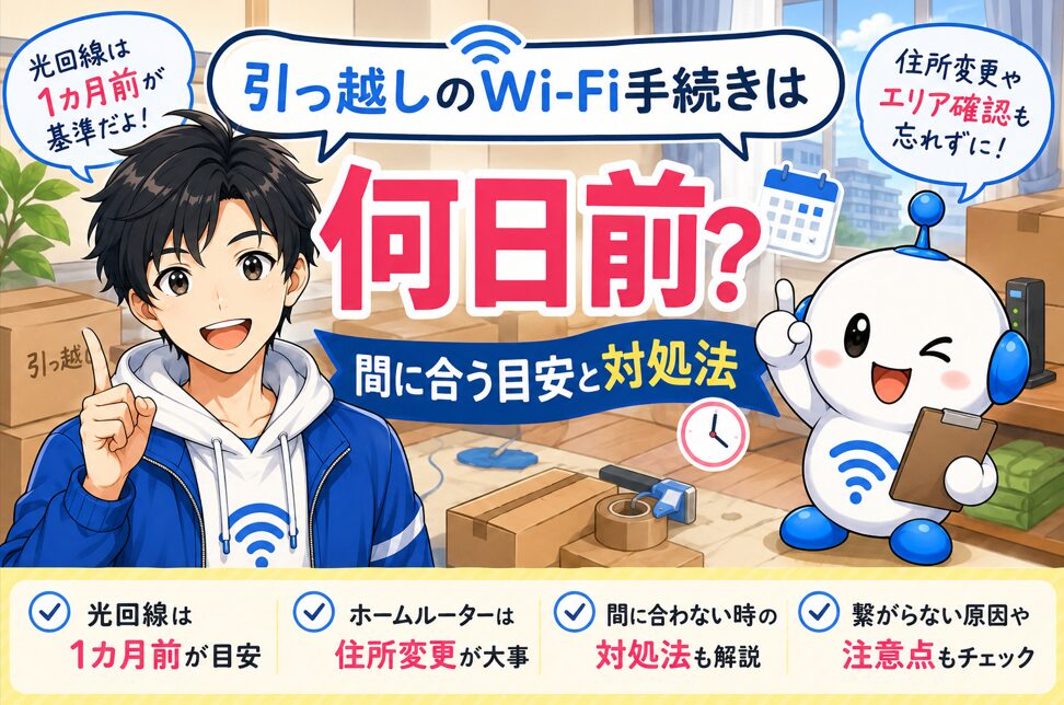 引っ越しのWi-Fi手続きは何日前に始めるべきかを、yuuとでんぱるが光回線・住所変更・対処法のポイントと一緒に案内しているアイキャッチ画像