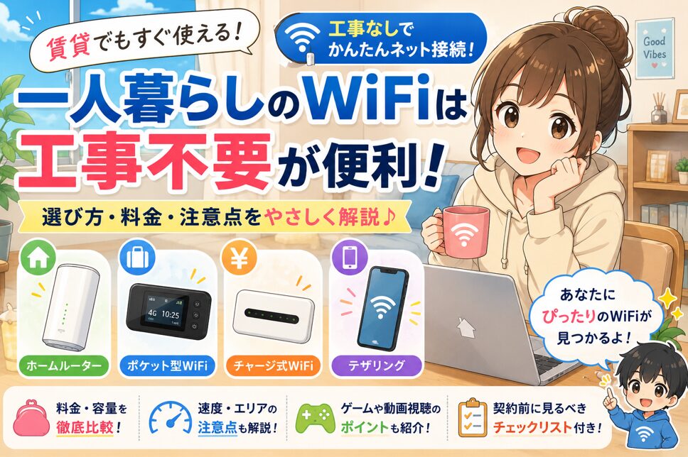 一人暮らし向けに工事不要WiFiの選び方、料金、注意点をアニメ調で解説したアイキャッチ画像
