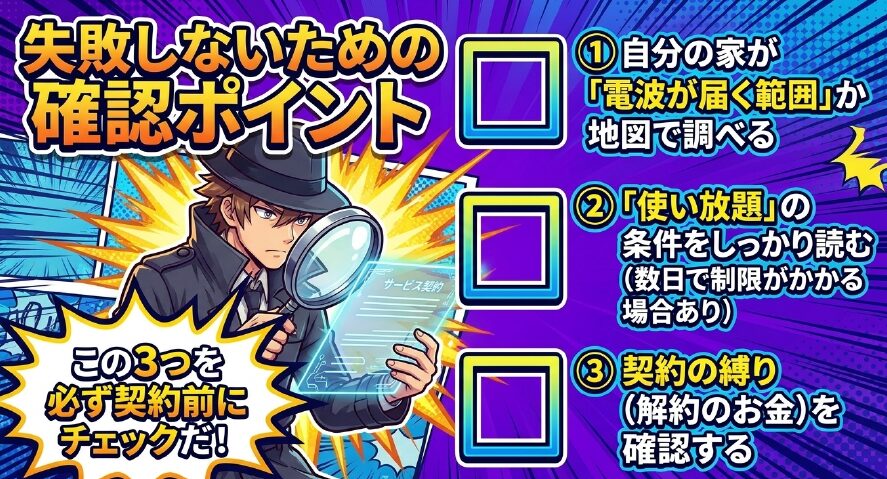 契約前に必ずチェックしたい3つのポイント。電波が届く範囲か、使い放題の条件、契約の縛り（解約のお金）。