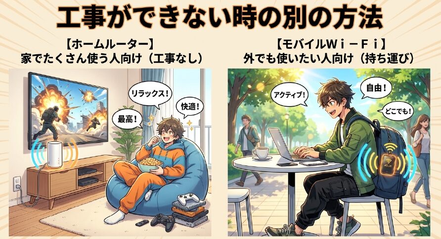 光回線工事ができない代わりの手段としてのホームルーターとモバイルWi-Fi