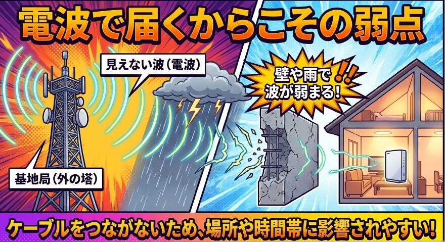ホームルーターは電波で届くため、壁や雨などで通信が弱まる弱点がある