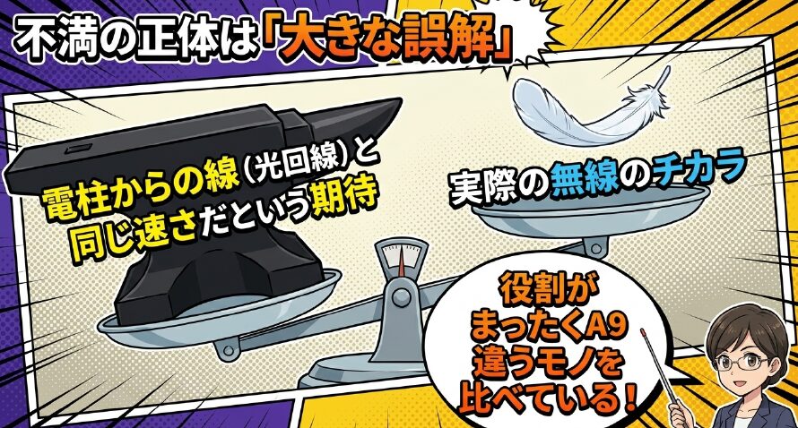 光回線（電柱からの線）と同じ速さだという期待と、実際の無線の力の違いによる誤解