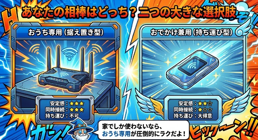 工事不要WiFiの2つの選択肢、おうち専用の据え置き型とおでかけ兼用の持ち運び型の比較