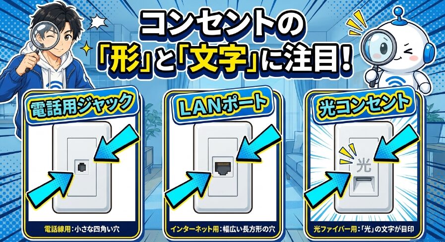 電話用ジャック、LANポート、光コンセントの形状と文字の違い