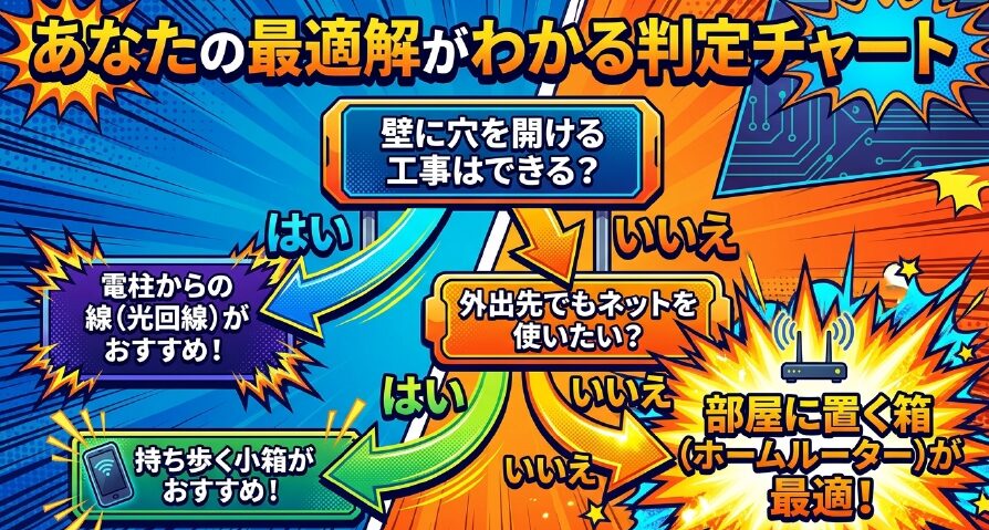 工事の可否や外出先での利用有無から、自分に合うネット回線がわかる判定チャート