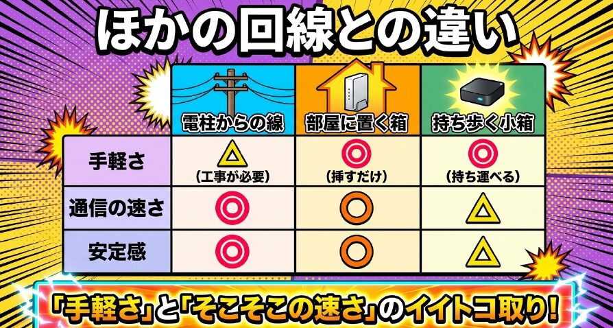 光回線、ホームルーター、持ち歩く小箱の特徴比較。ホームルーターは手軽さとそこそこの速さのイイトコ取り。