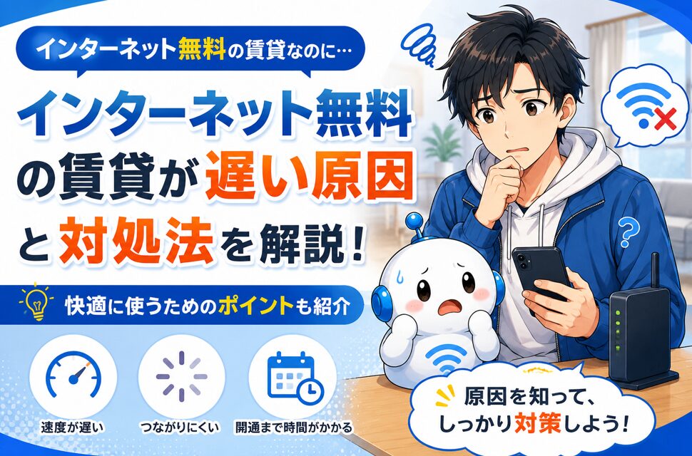 インターネット無料の賃貸で通信が遅く、スマホを見ながら困っているyuuと不安そうなでんぱるのアイキャッチ画像