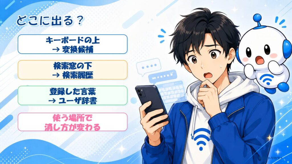 予測変換が出る場所の違い（キーボードの上は変換候補、検索窓の下は検索履歴、登録した言葉はユーザ辞書）