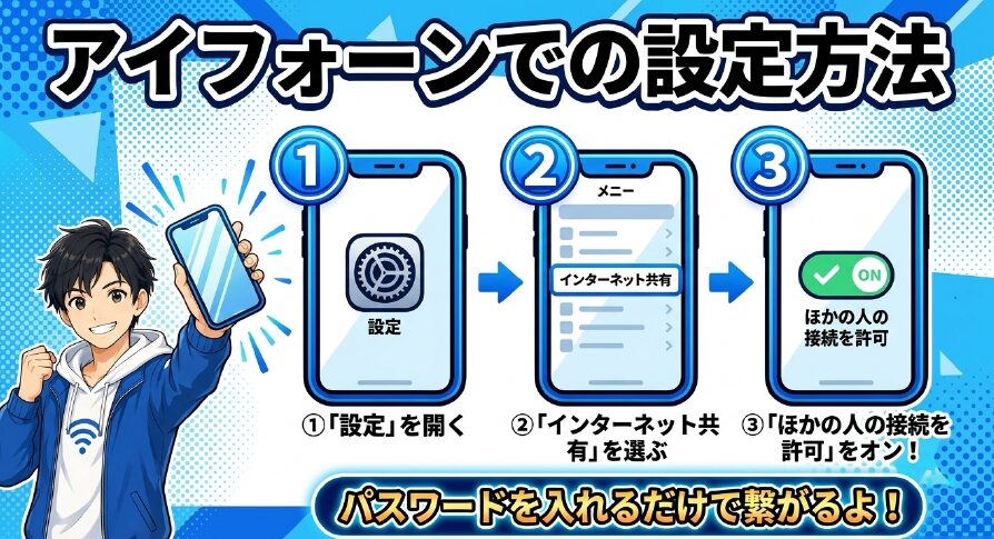 iPhoneで「設定」から「インターネット共有」を選び「ほかの人の接続を許可」をオンにする3つの手順