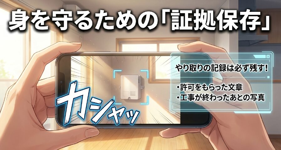 身を守るための証拠保存。許可をもらった文章や工事が終わったあとの写真は必ず記録として残しましょう。