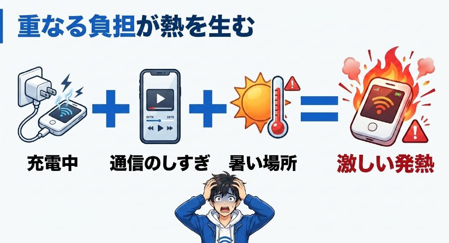 充電中、通信のしすぎ、暑い場所など重なる負担が激しい発熱を生む