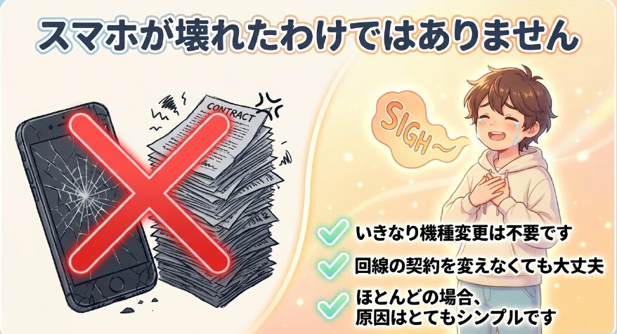 スマホが壊れたわけではありません。いきなり機種変更は不要です。