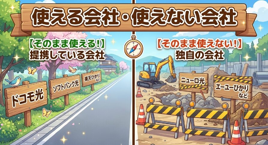 ドコモ光やソフトバンク光などはそのまま使える提携会社、ニューロ光やauひかりなどはそのまま使えない独自回線であることを比較した図解