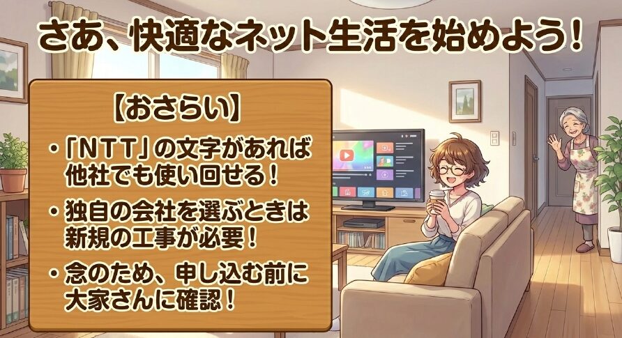 NTTの文字があれば他社でも使い回せること、独自の会社は新規工事が必要なこと、賃貸は大家さんに事前確認することなどをまとめたおさらい画像