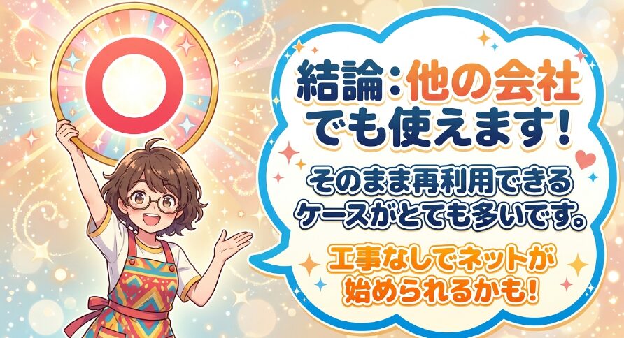結論として、光コンセントは他の会社でもそのまま再利用できるケースが多く、工事なしでネットが始められる可能性があることを示す図解