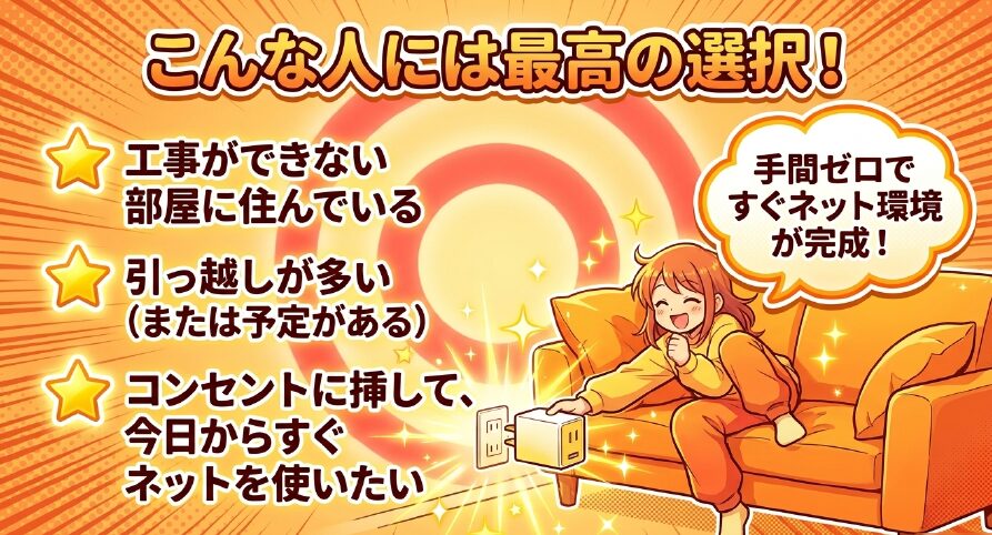 ホームルーターがおすすめな人。工事ができない部屋に住んでいる、引っ越しが多い、すぐネットを使いたい人。