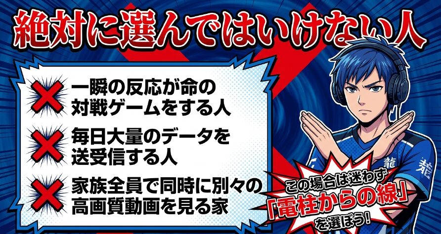 ホームルーターを選んではいけない人。対戦ゲームをする人、大量のデータを送受信する人、家族全員で別々の高画質動画を見る家など。