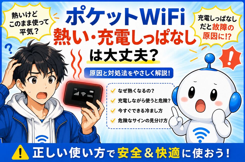 ポケットWiFiが熱くなり不安そうなyuuと、注意点を伝えるでんぱるが、充電しっぱなしによる発熱の原因と対処法を案内しているアイキャッチ画像