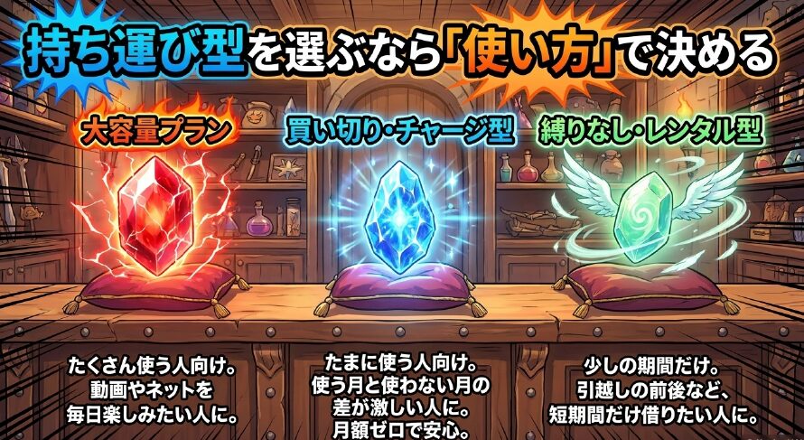 持ち運び型のポケット型WiFiは、大容量プランや買い切り・チャージ型、縛りなしなど使い方で決める