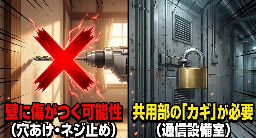 光回線工事で許可が必要な理由。壁に傷がつく可能性（穴あけ・ネジ止め）や、共用部の通信設備室のカギが必要になるため。