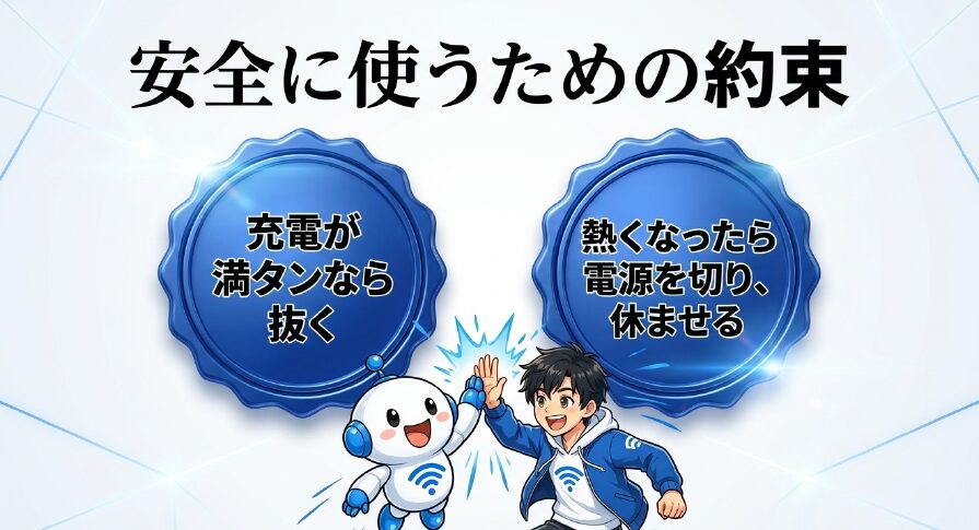 安全に使うための約束。充電が満タンなら抜く、熱くなったら電源を切り休ませる