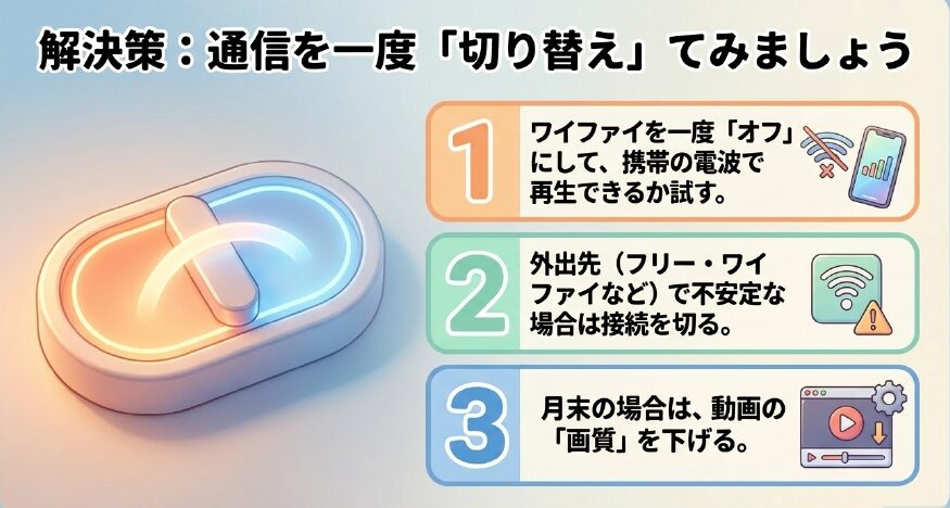 解決策：通信を一度切り替えてみましょう。Wi-Fiをオフにするなど