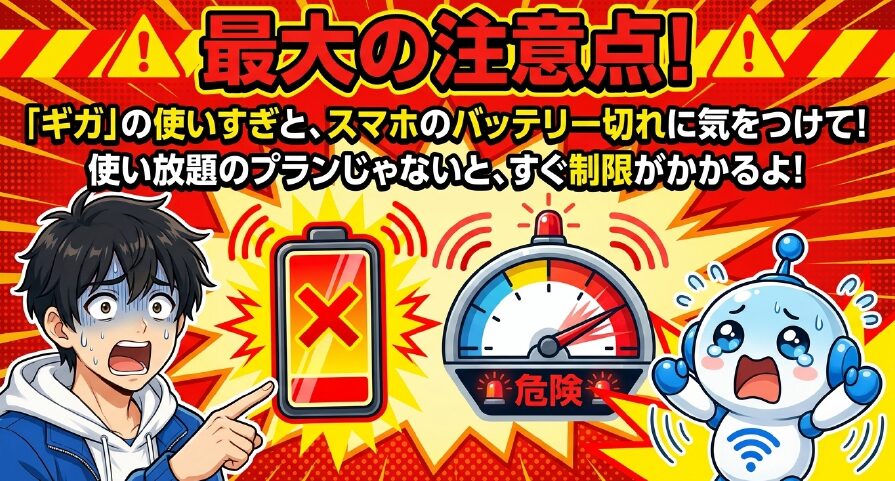 ギガの使いすぎとスマホのバッテリー切れに注意。使い放題プランでないと制限がかかるという警告